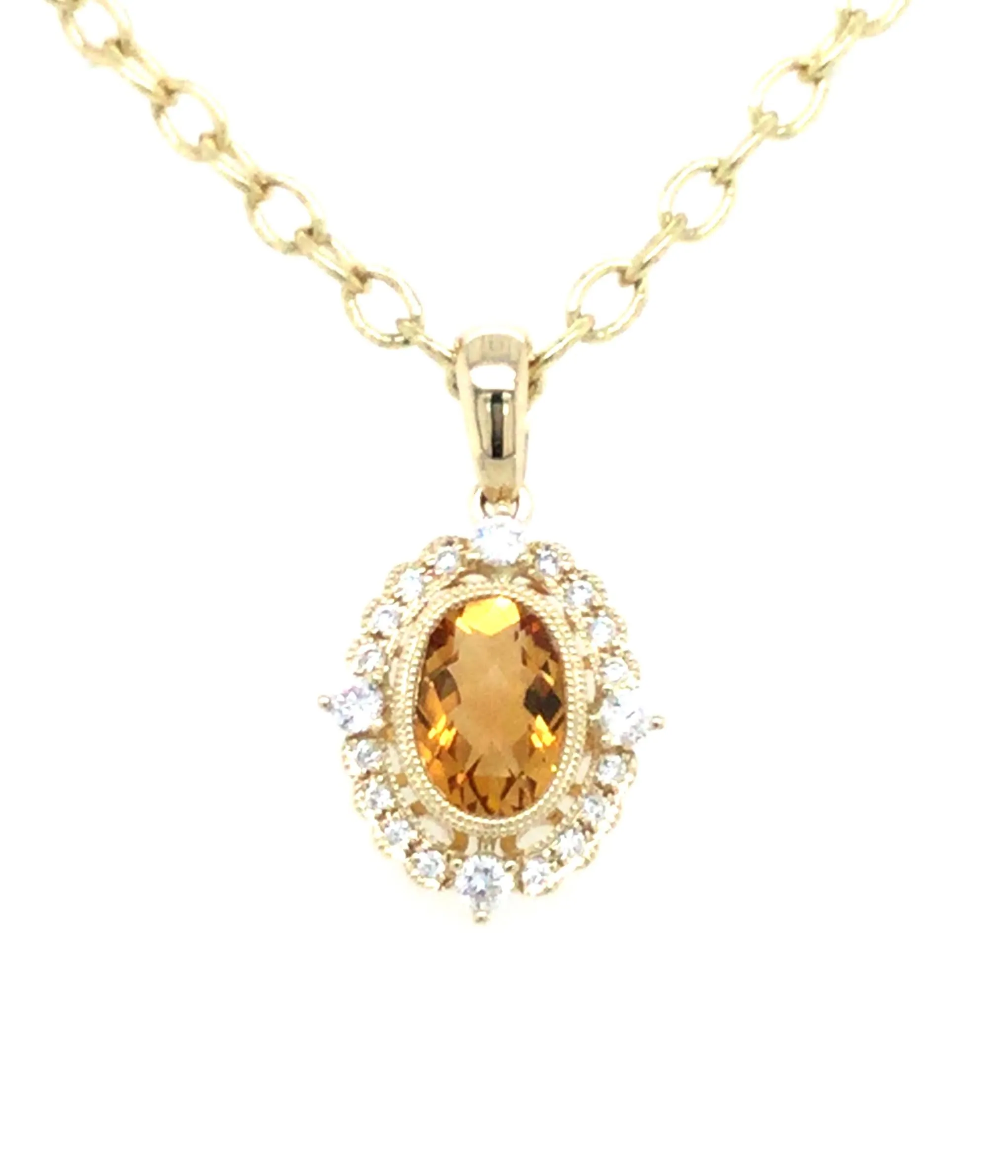 14K Yellow Citrine and Natural Diamond Pendant