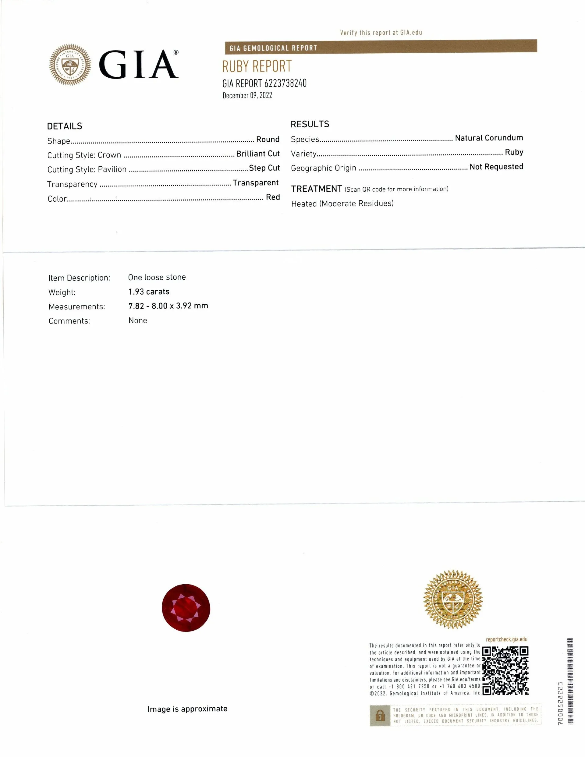1.93ct GIA CERTIFIED ROUND CUT RUBY RICH RED LOOSE NATURAL GEMSTONE 2 CARAT 2ct