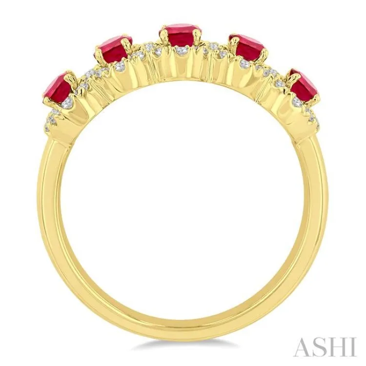 4x3 MM Oval Cut Ruby and 1/3 ctw Round Cut Diamond Precious Wedding Band in 14K Yellow Gold