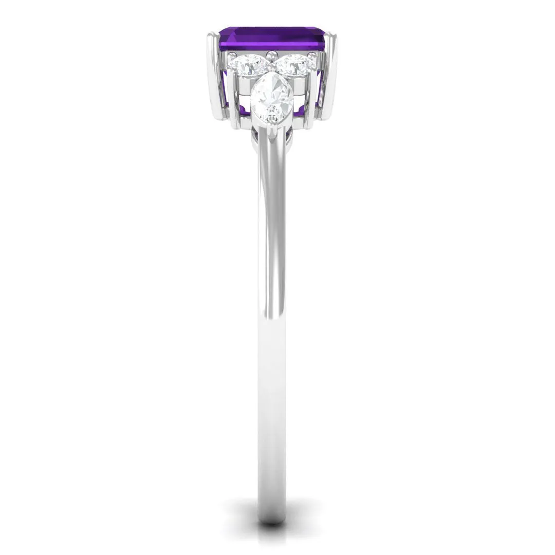 Asscher Cut Amethyst Solitaire Engagement Ring with Diamond Trio