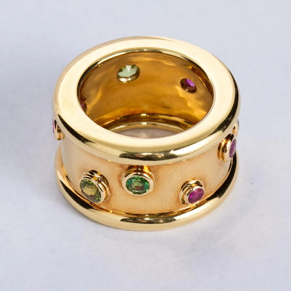 CHANEL Gold Wide Ring with Multi Color Gems