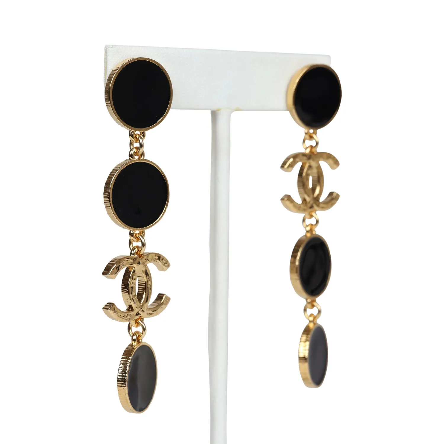 Chanel Round Dangle CC Earrings Black Enamel & Gold Metal