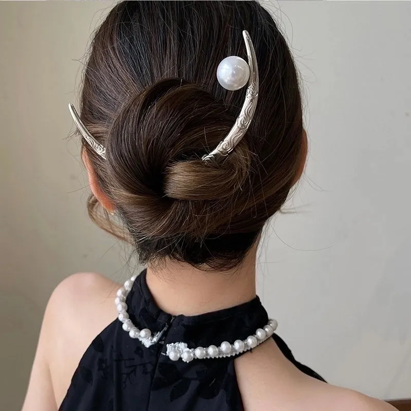 Chinoiserie Moon Alloy Pearl Hairpin
