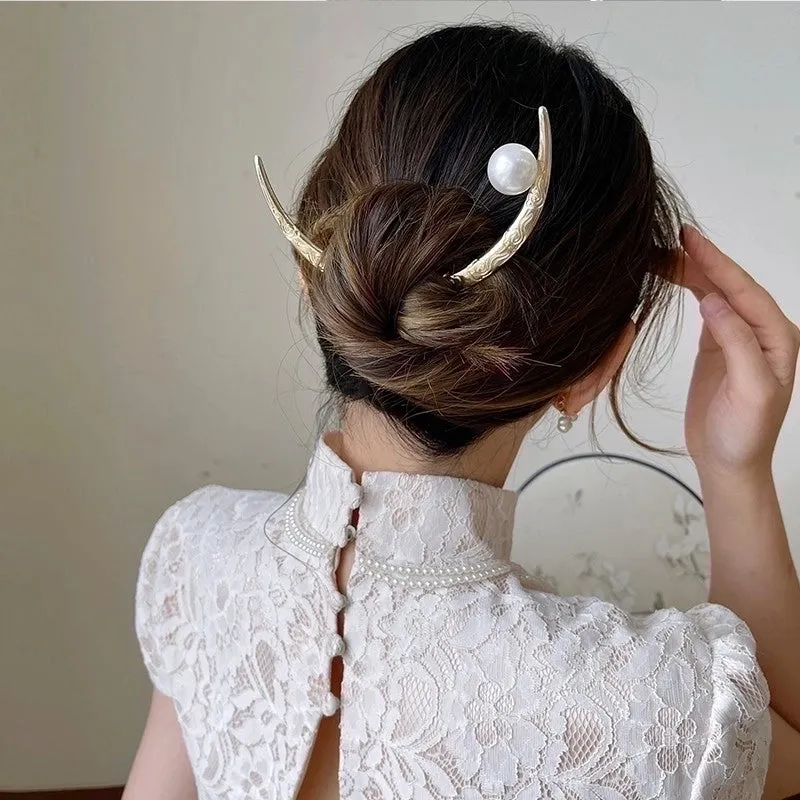 Chinoiserie Moon Alloy Pearl Hairpin