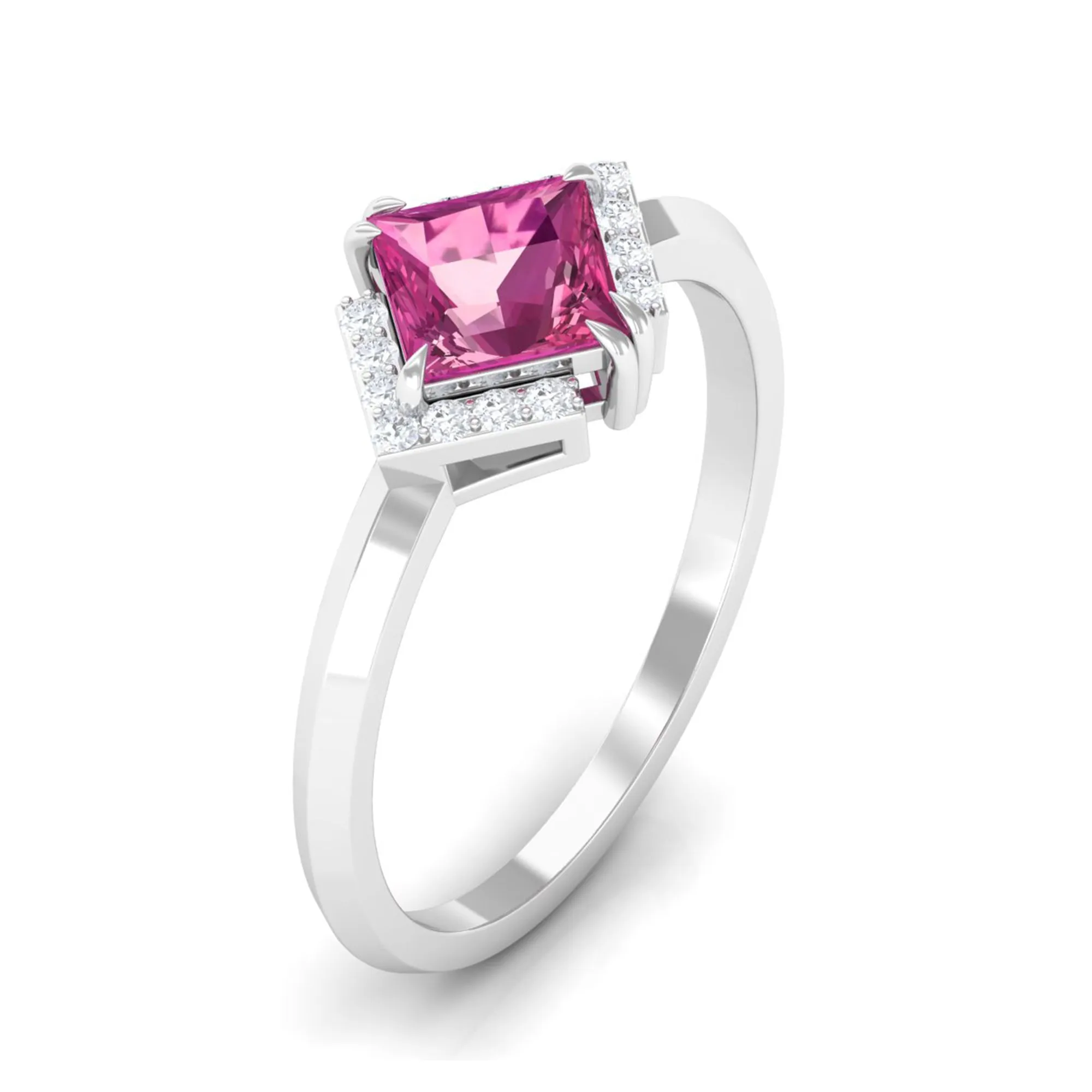 Contemporary Princess Cut Pink Tourmaline Engagement Ring with Diamond