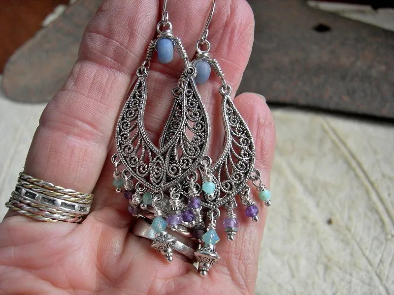 Cool Waters Chandelier Earrings, Aqua, Blue, Purple Gemstone, Silver