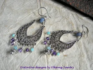 Cool Waters Chandelier Earrings, Aqua, Blue, Purple Gemstone, Silver