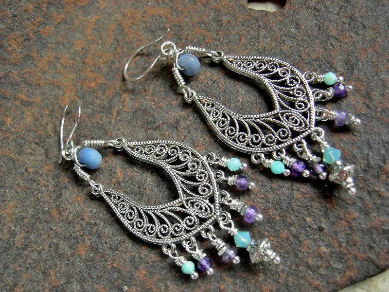 Cool Waters Chandelier Earrings, Aqua, Blue, Purple Gemstone, Silver