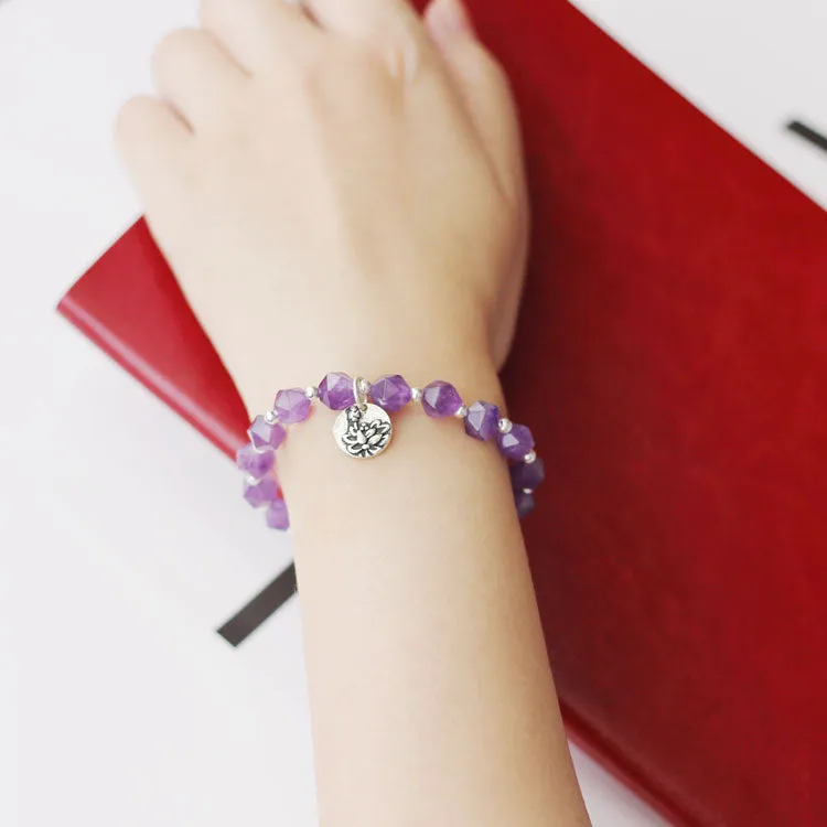 Faceted Amethyst Beaded Bracelet with Sterling Silver Handmade Jewelry Accessories Women