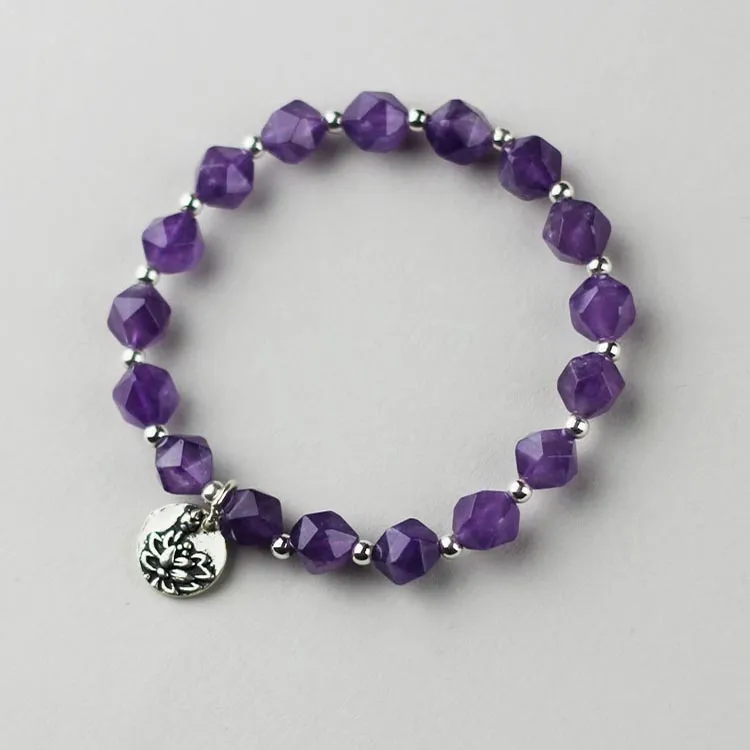 Faceted Amethyst Beaded Bracelet with Sterling Silver Handmade Jewelry Accessories Women