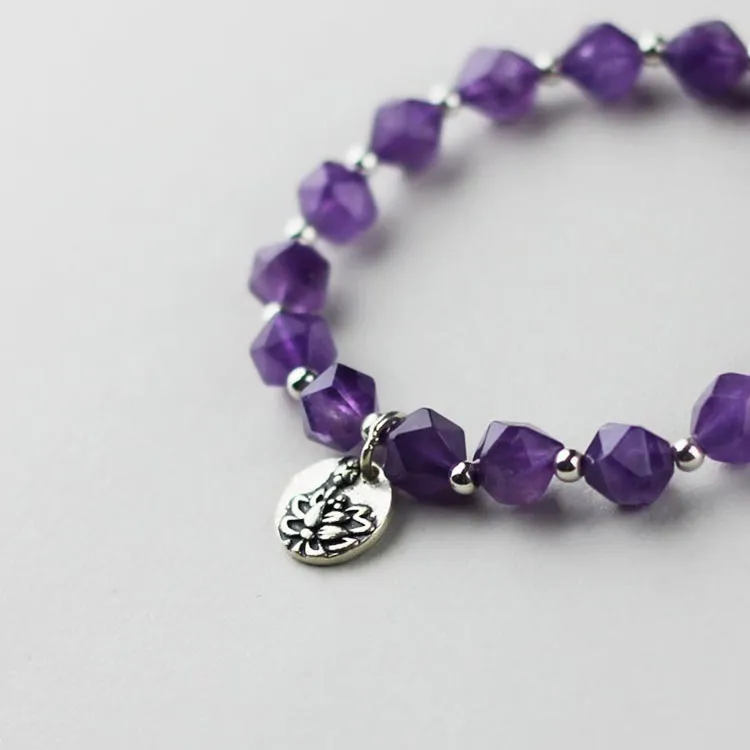 Faceted Amethyst Beaded Bracelet with Sterling Silver Handmade Jewelry Accessories Women