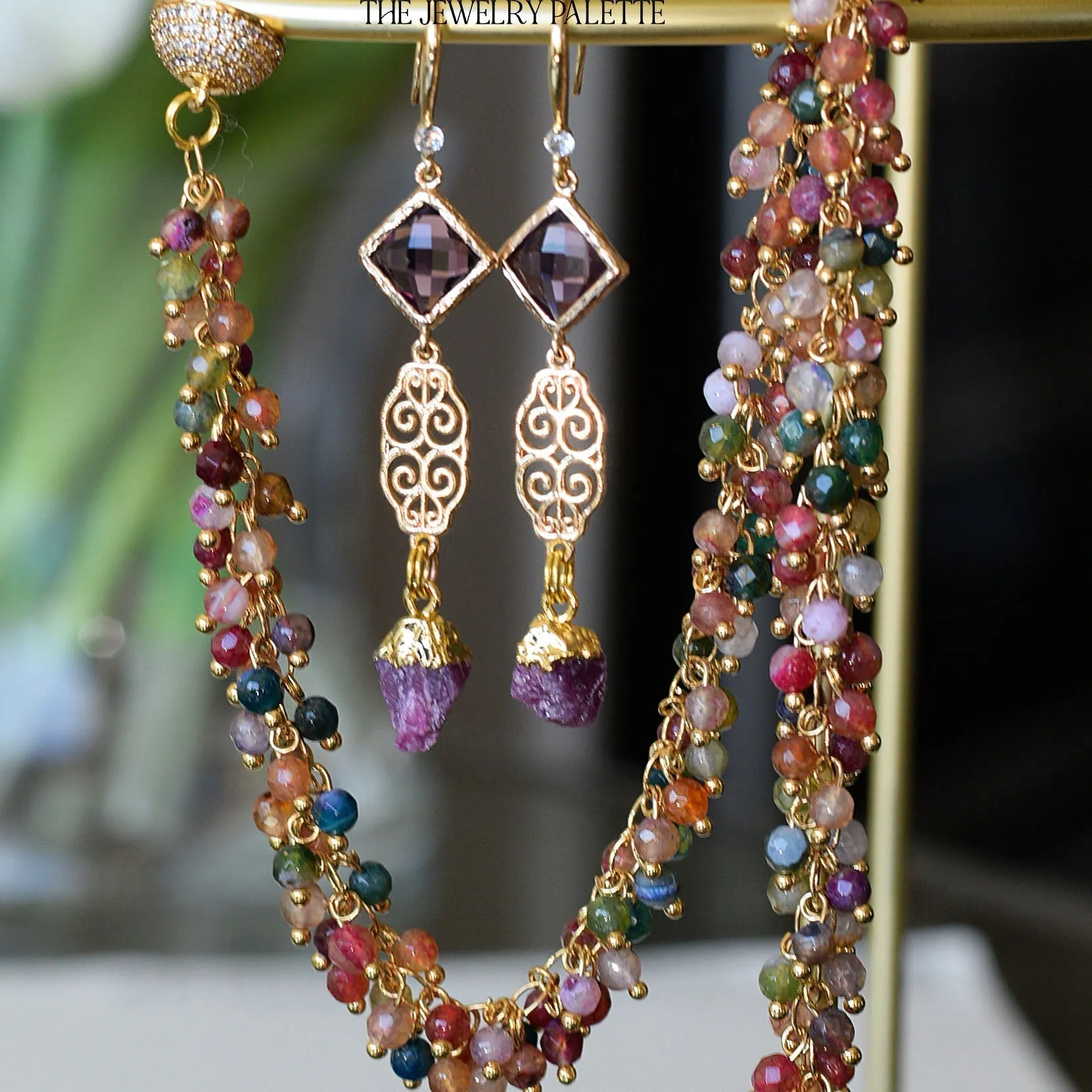 Farah peridot, filigree and light green crystal earrings