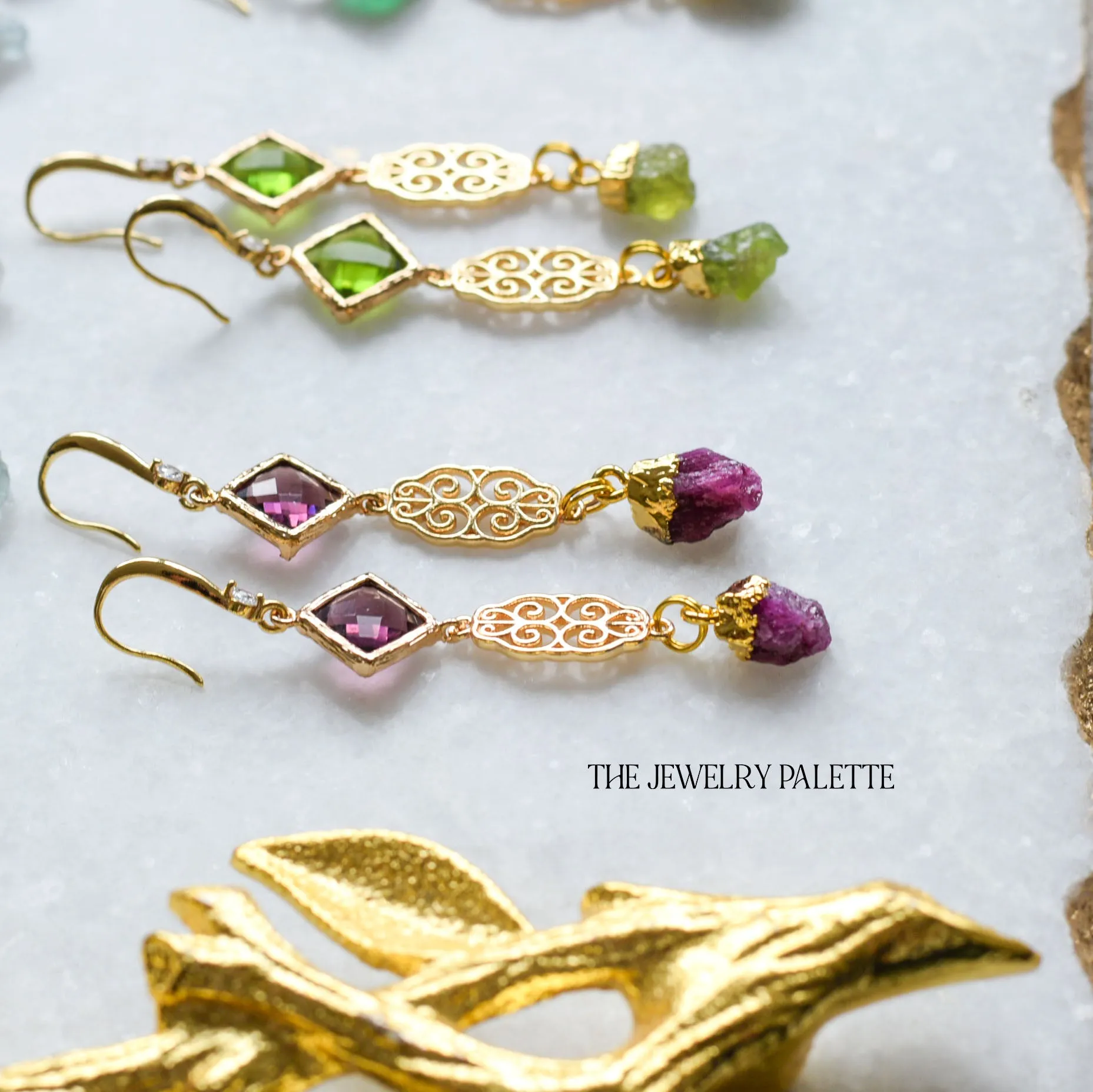 Farah peridot, filigree and light green crystal earrings