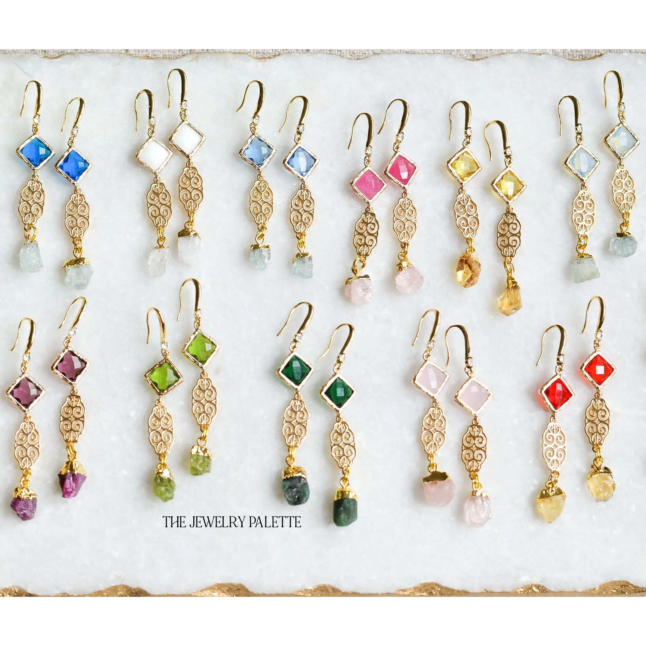 Farah peridot, filigree and light green crystal earrings