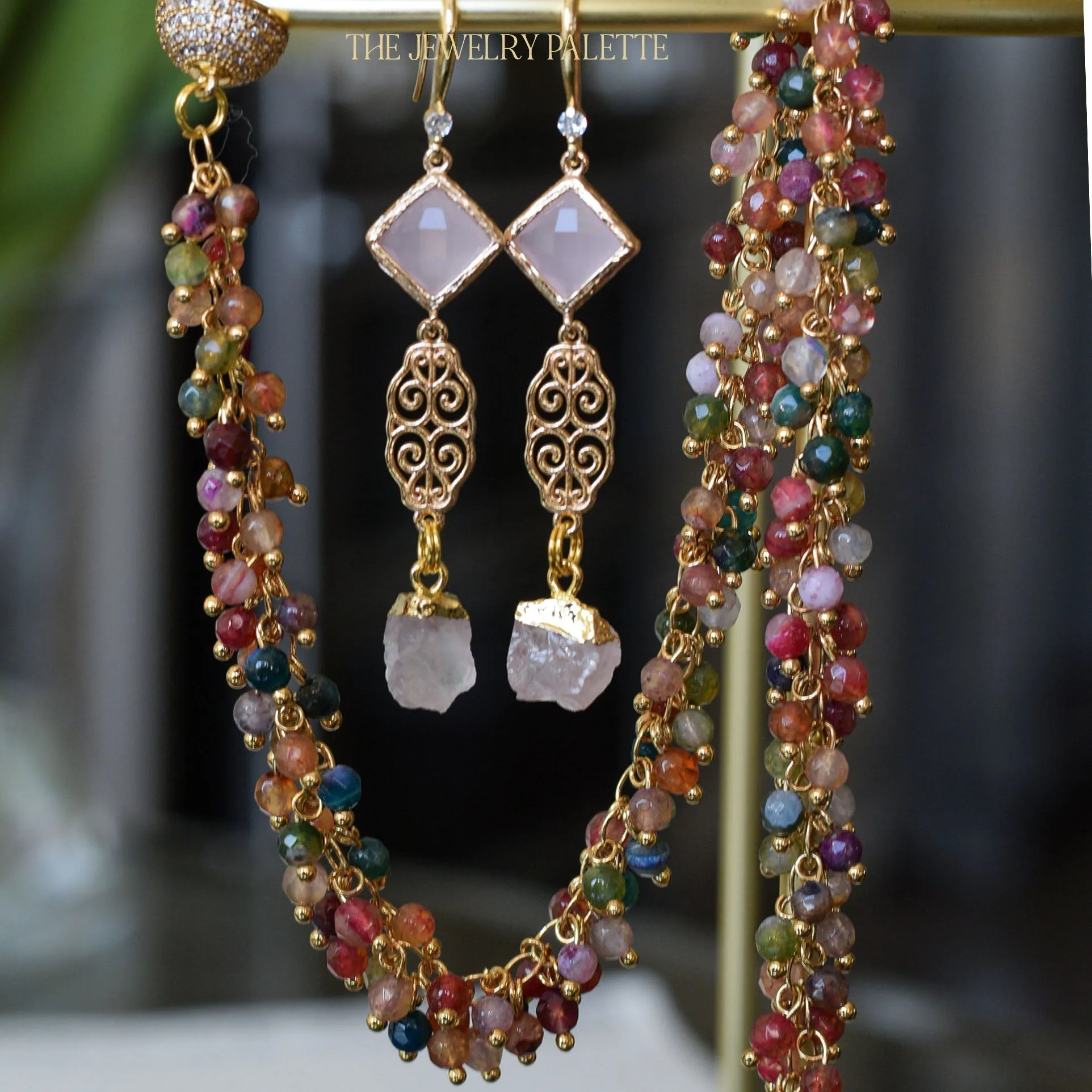 Farah peridot, filigree and light green crystal earrings