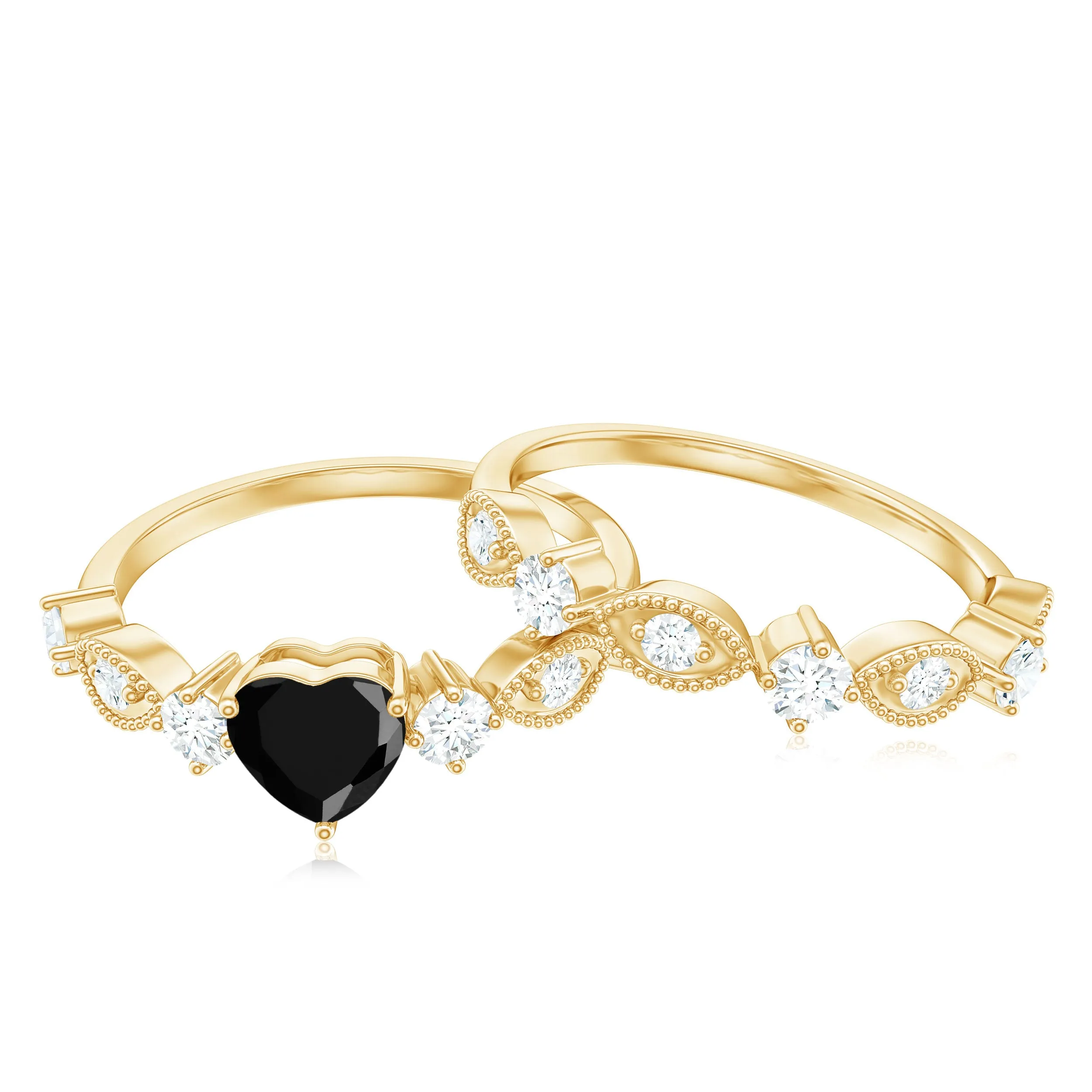 Heart Shape Created Black Diamond Wedding Ring Set with Moissanite