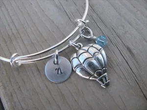 Hot Air Balloon Charm Bracelet- Adjustable Bangle Bracelet with an Initial Charm and an Accent Bead in your choice of colors