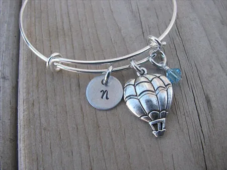 Hot Air Balloon Charm Bracelet- Adjustable Bangle Bracelet with an Initial Charm and an Accent Bead in your choice of colors