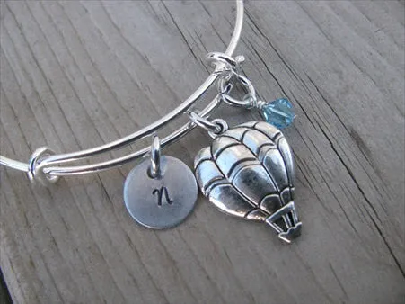Hot Air Balloon Charm Bracelet- Adjustable Bangle Bracelet with an Initial Charm and an Accent Bead in your choice of colors