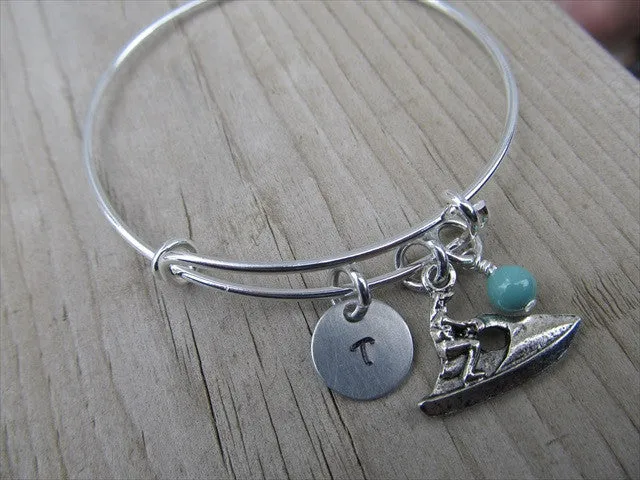 Jet Ski Charm Bracelet- Adjustable Bangle Bracelet with an Initial Charm and an Accent Bead of your choice