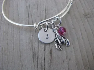 Lobster Charm Bracelet- Adjustable Bangle Bracelet with an Initial Charm and an Accent Bead in your choice of colors