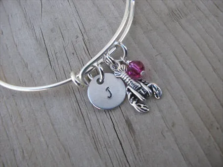 Lobster Charm Bracelet- Adjustable Bangle Bracelet with an Initial Charm and an Accent Bead in your choice of colors