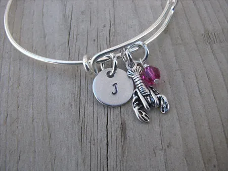 Lobster Charm Bracelet- Adjustable Bangle Bracelet with an Initial Charm and an Accent Bead in your choice of colors