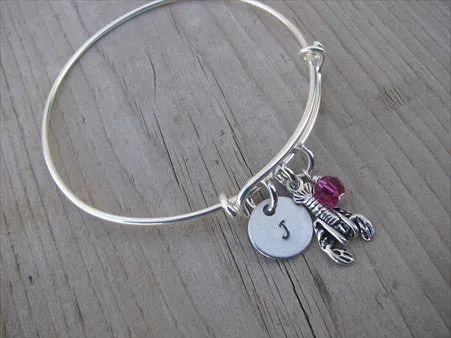 Lobster Charm Bracelet- Adjustable Bangle Bracelet with an Initial Charm and an Accent Bead in your choice of colors