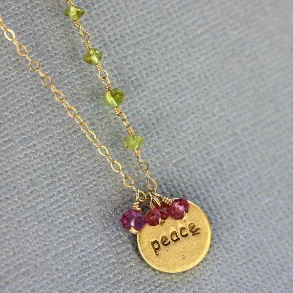 Peace Stamp Necklace - 18k Gold Charm, Pink Topaz & Peridot Necklace.