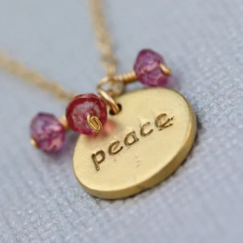 Peace Stamp Necklace - 18k Gold Charm, Pink Topaz & Peridot Necklace.