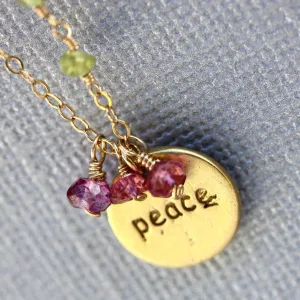 Peace Stamp Necklace - 18k Gold Charm, Pink Topaz & Peridot Necklace.