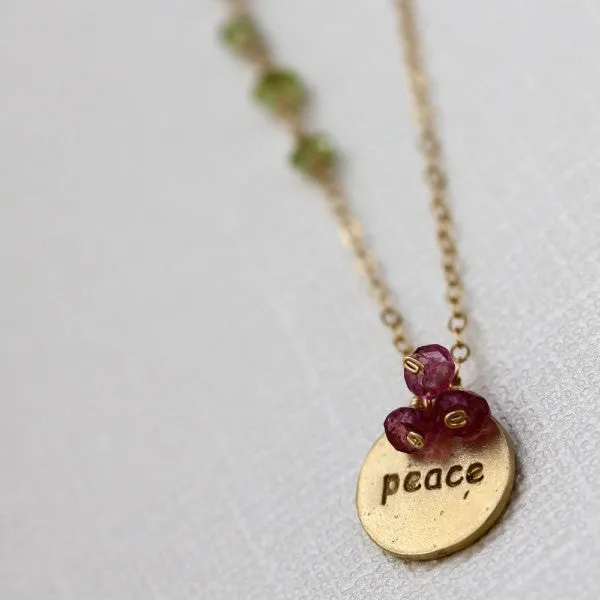 Peace Stamp Necklace - 18k Gold Charm, Pink Topaz & Peridot Necklace.