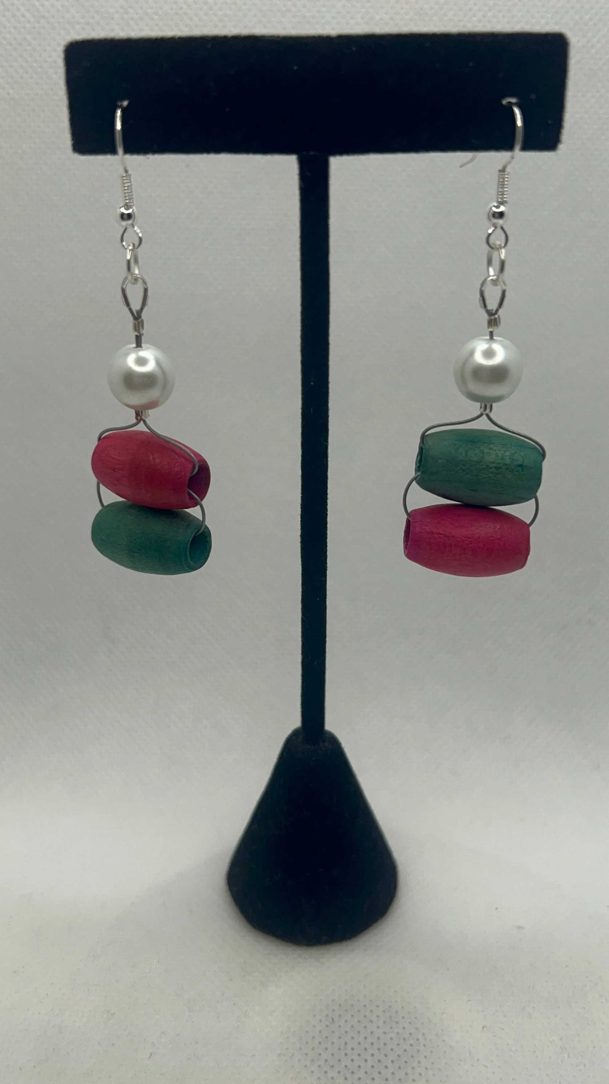 Pink and Green Wood Beads and White Pearl Earrings