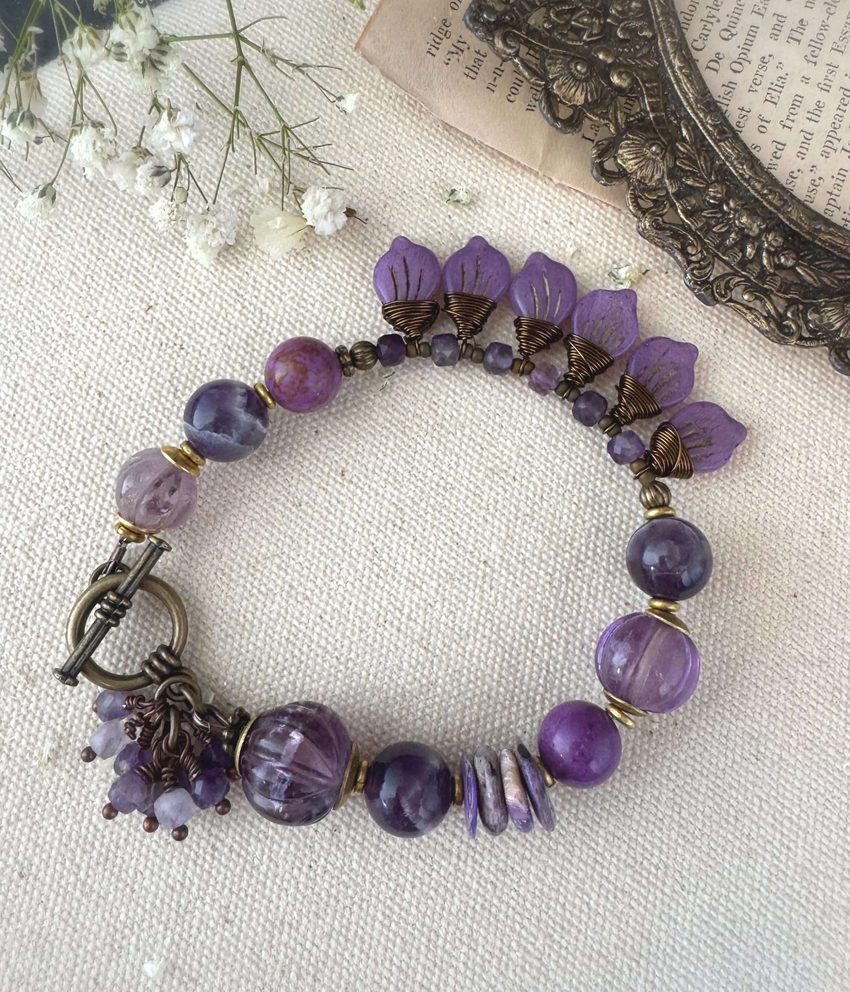 Reserved Patricia- Amethyst gemstone, Czech glass and bronze metal, bracelet.