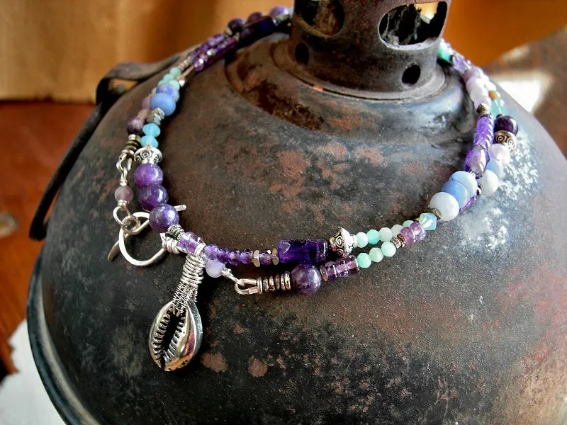 Serene Seas Wrap Bracelet/Necklace, Blue, Aqua, Purple Gemstone