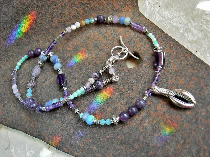Serene Seas Wrap Bracelet/Necklace, Blue, Aqua, Purple Gemstone