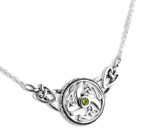 Sterling Silver Swirled Celtic Knot Round Green Peridot 17" Necklace
