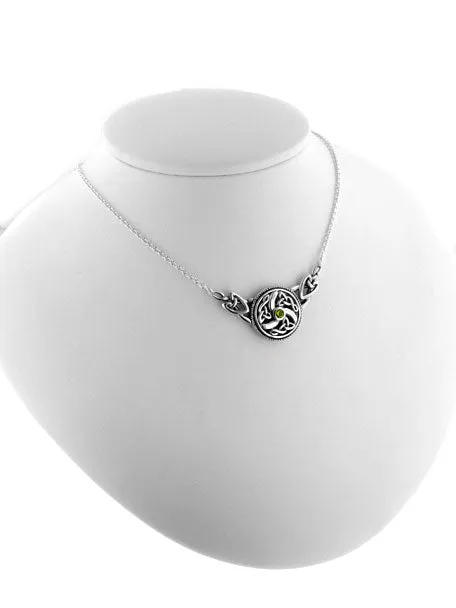 Sterling Silver Swirled Celtic Knot Round Green Peridot 17" Necklace