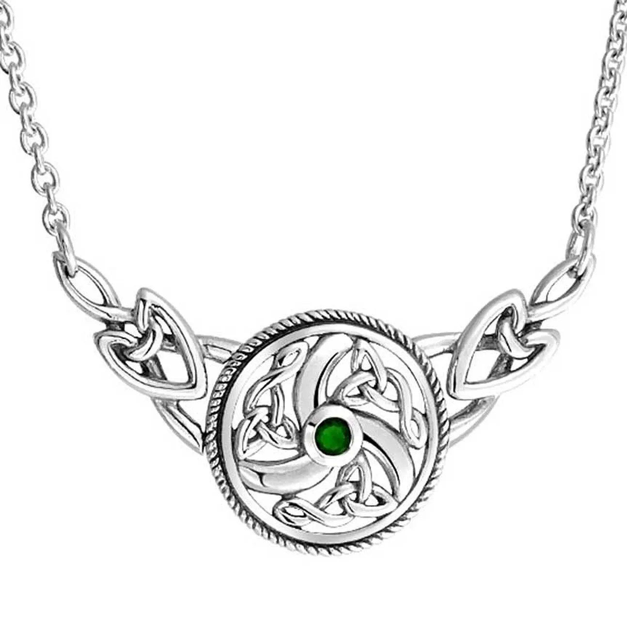 Sterling Silver Swirled Celtic Knot Round Green Peridot 17" Necklace