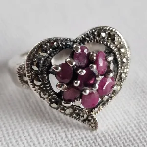 Vintage Heart Shape Ruby and Marcasite 925 Silver Sterling Ring